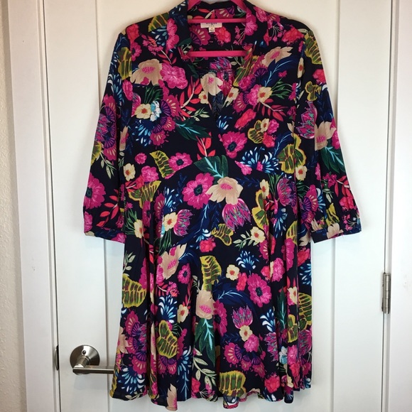 Umgee | Navy Pink Floral Hi Lo Swing Dress M - Picture 2 of 8